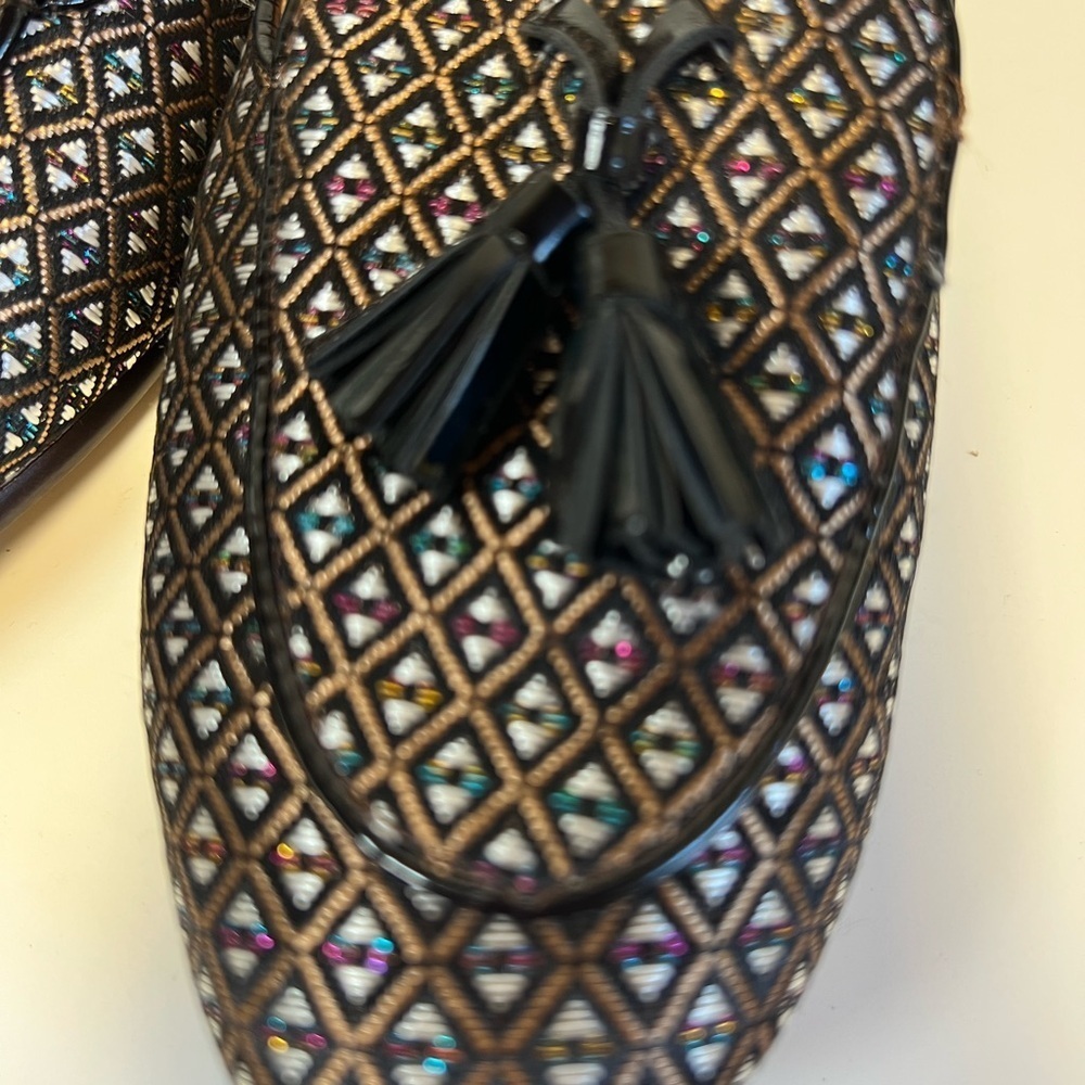 J. Crew Black and Gold Geometric Loafers Size 6 Holiday Formal Casual - Picture 7 of 8